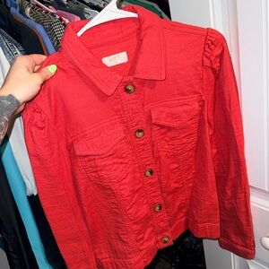 LOFT Red Textured Button-Front Jean Jacket